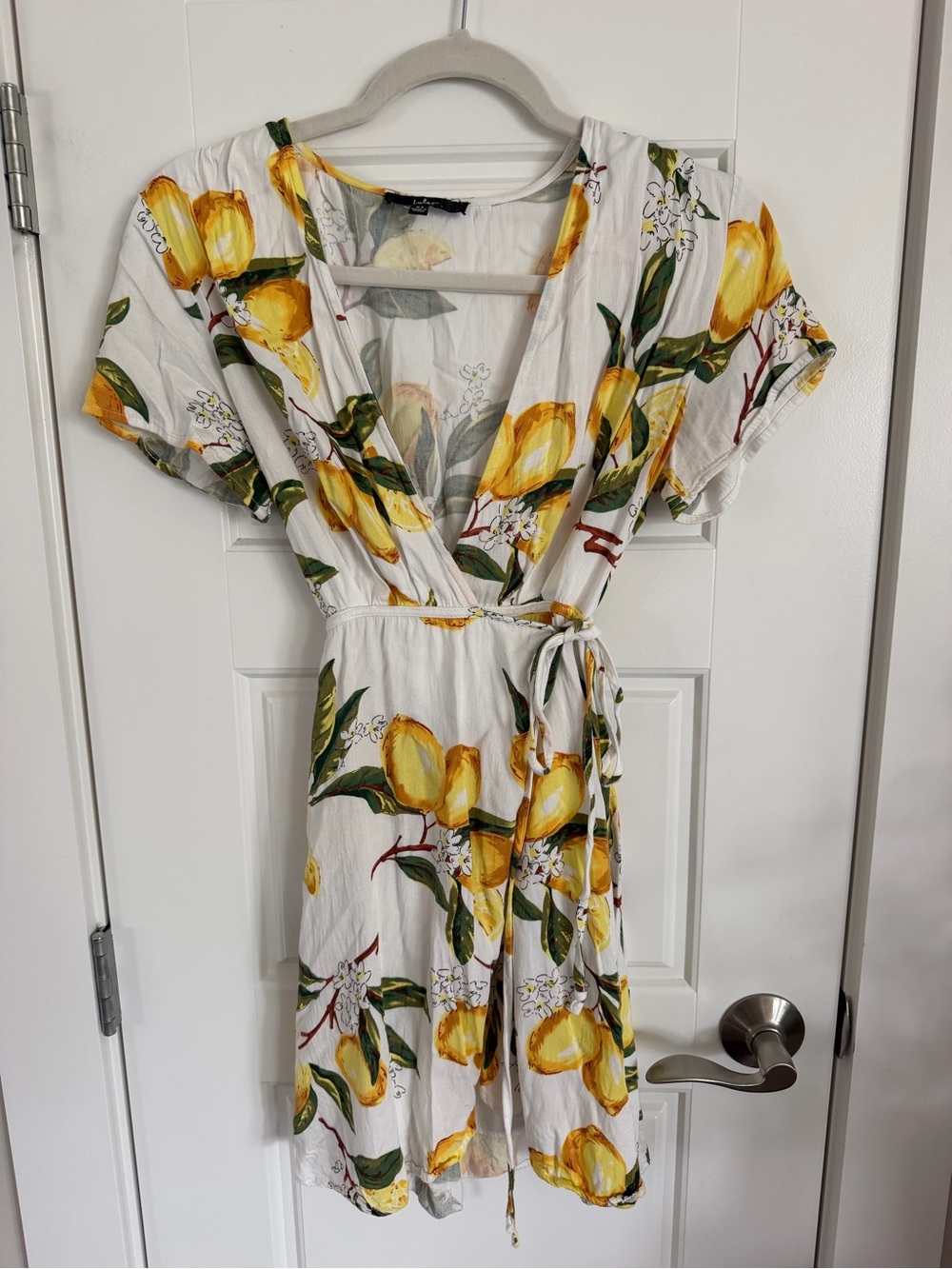Lulu's White Midi Wrap Dress with Yellow Floral Print